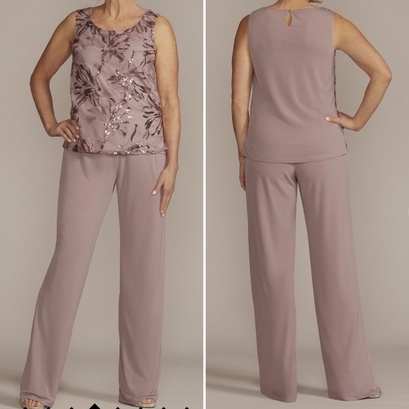 Oleg Cassini - David’s Bridal Straight Leg Embroidered Chiffon Three Piece Set - Picture 2 of 8